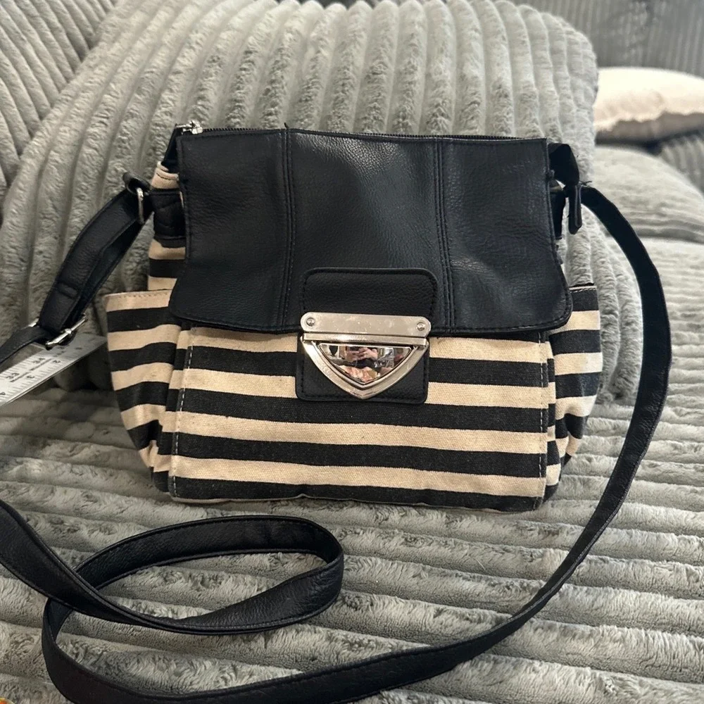Bueno Black White Striped Canvas Faux Leather Crossbody Bag Silver Push Lock